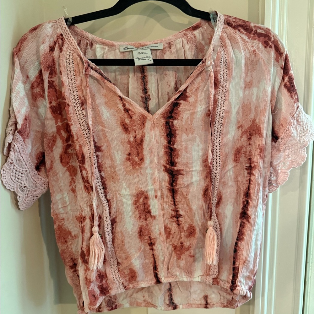 American Rag Pink and Brown Tie-Dye Blouse with Lace